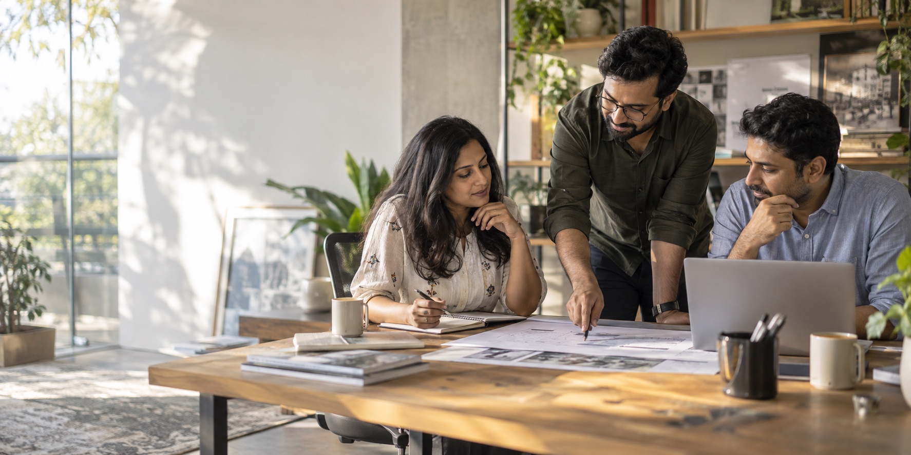 Illustrative scene of people discussing work around a table